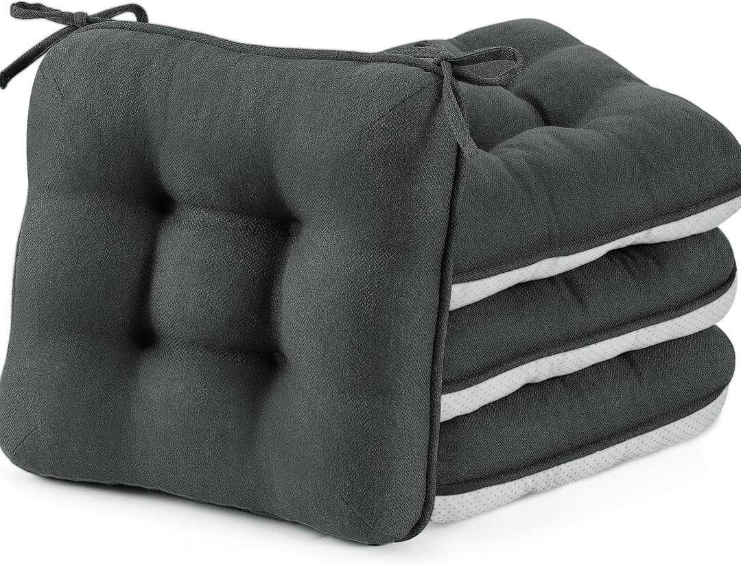 BETU Chair Cushions for Dining Chairs Set of 4,3.5" Thick Kitchen Table Chair Pads with Ties,Non Slip Backing and Covers, Seat Cushion for Dining Room,Bar,Patio Chairs,15.5"X15.5"X3.5",Dark Grey