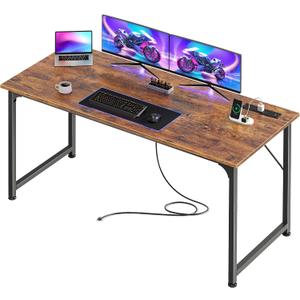 PRAISUN 55 X 20 Inch Office Computer Desk with Power Outlets and USB-C Port, Larger and Longer Gaming Desk, for Home Office, Study, Bedroom, Writing Work from Home Table, Metal Frame, Rustic Brown