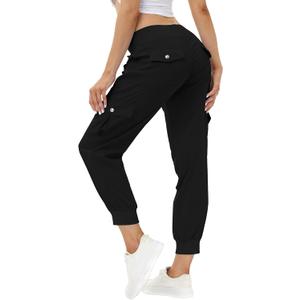 MoFiz Women's Lightweight Hiking Cargo Pants Outdoor Quick Dry Casual Travel Sweatpants Joggers Elastic Waist Button Pockets (Black, M)