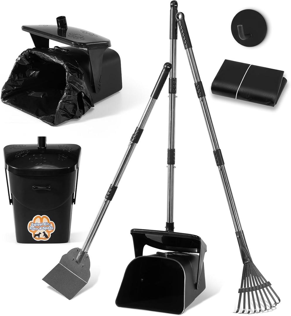 Stainless Steel Dog Pooper Scooper,40" Long Handle Swivel Bin, Rake and Spade,20 Waste Bags & Hook - Heavy Duty Portable Metal Poop Scooper for Large,Medium and Small Dogs