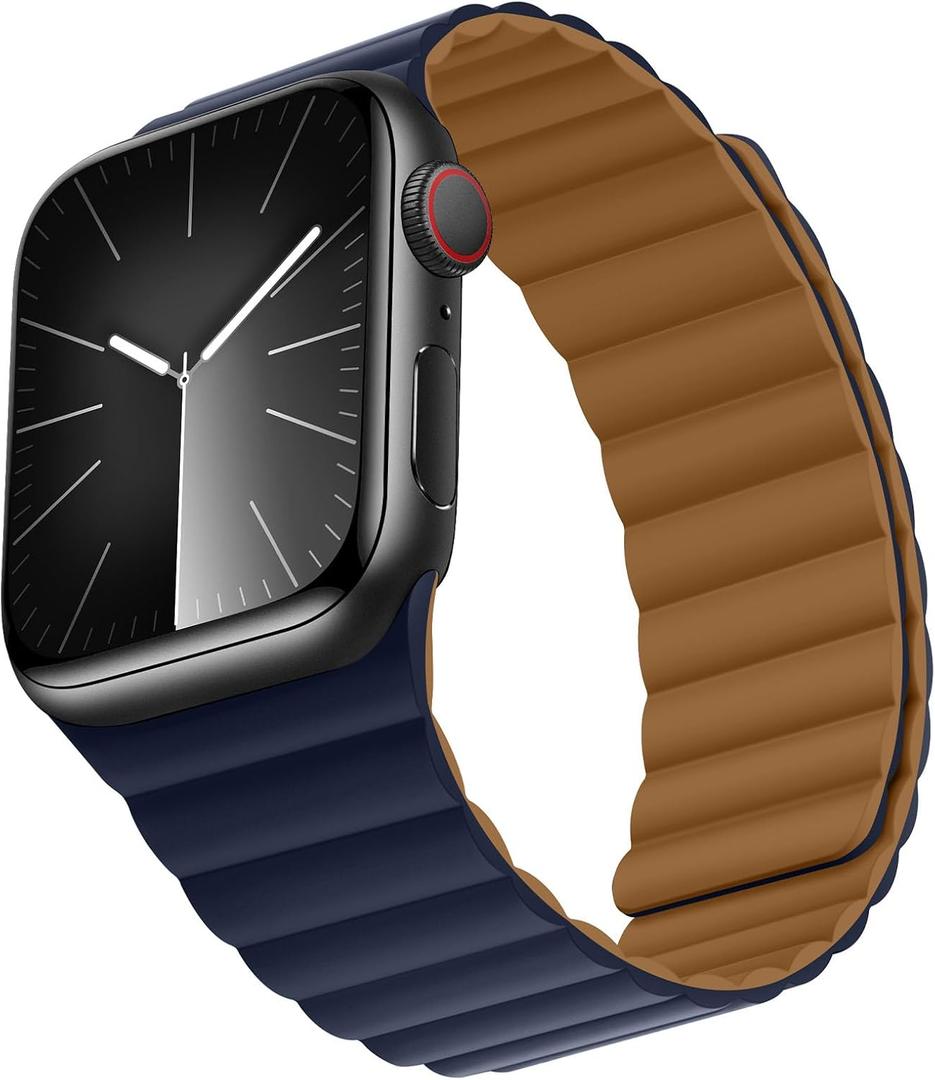 Compatible with Apple Watch Band 49 46 45 44 42 41 40 38mm, Double Sided Wearable Silicone Magnetic Strap for iWatch Ultra SE Series 10 9 8 7 6 5 4 3 2 1 (38/40/41/42, Brown/Indigo) ((42mm series10)/41mm/40mm/38mm)