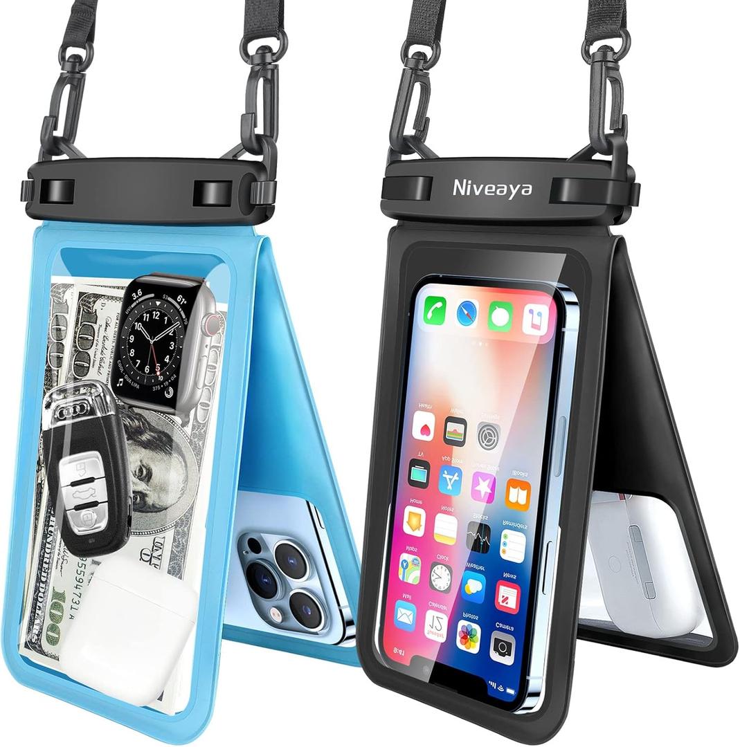 Niveaya Double Space Waterproof Phone Pouch - 2 Pack, Waterproof Phone Lanyard Case with iPhone 17/16/15/14/13 Pro Max up to 8.3", Phone Dry Bags for Vacation Beach Pool Kayak Cruise Travel Essentials (Black + Powder Blue)