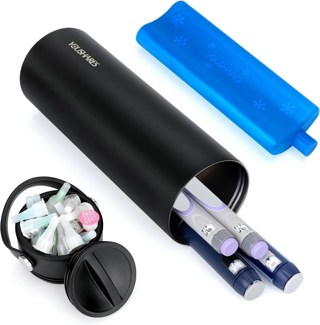 YOUSHARES Insulin Cooler Travel Case - 48H Non-Electric Cooling Bottle with TSA Approved Ice Pack, Diabetic Medication Pen Vials Refrigerator, Medical Carry Case Portable for 15 EpiPens (Cup_Black)