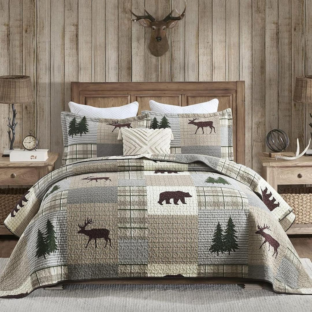 PERHOM Quilt King Size - 100% Cotton Lightweight Cabin Plaid King Quilt Bedding Set, Forest Tree Brown Bear Deer Patchwork Reversible Bedspread/Coverlet/Comforter Set with 2 Shams, 3PCS