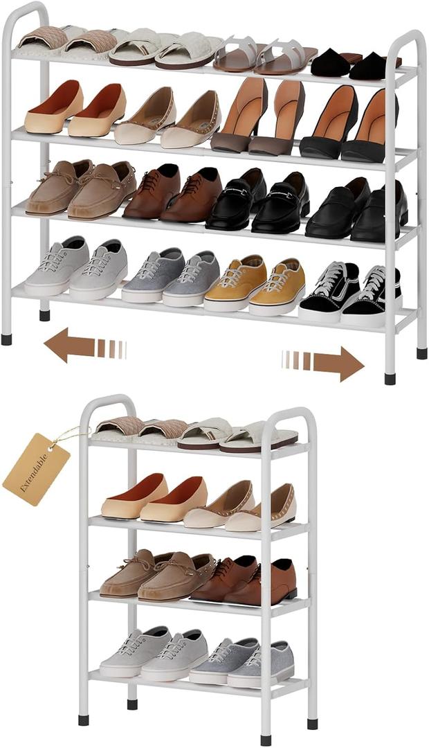 Expandable Shoe Rack, 4-Tier Metal Small Shoe Rack, Adjustable Shoes Organizer, Storage Shelf for Closet, Entryway, White