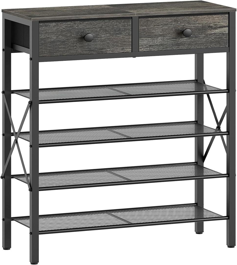 5 Tier Shoe Rack, Large Capacity Shoe Storage Organizer, Metal Shoe Shelf with Drawer and Wooden Top, for 20 Pairs of Shoes, for Entryway, Closet, Charcoal and Black SS25BCY1 (27.7" x 10.8" x 37.7")