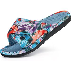 shevalues Summer House Slippers for Women with Arch Support Breathable Waffle Cotton Indoor Slippers Slip on Open Toe Home Shoes (7, Cyan Blue)