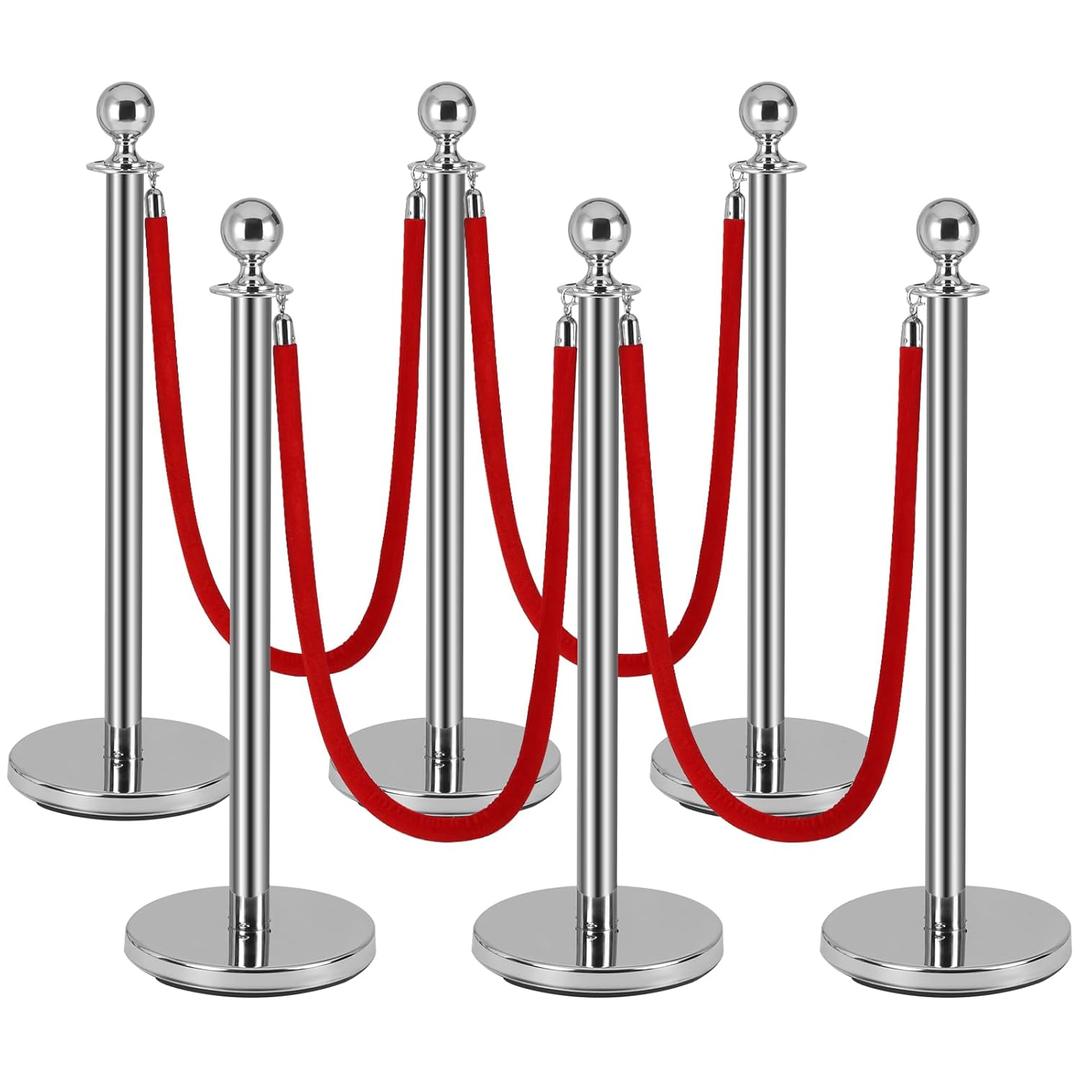 6Pack Silver Stanchion Post, 5 ft Red Velvet Rope Red Carpet Ropes and Poles, Stainless Steel Stanchions for Grand Opening Casino Theme Party Decorations Crowd Control Barriers