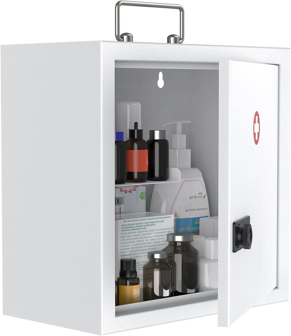 Uniclife Wall Mount Medicine Cabinet with Combination Lock & Handle Locking First Aid Cabinet Lockable Medical Cabinet Medium Medicine Organizer Secure Steel Wall Cabinet Metal Storage Box, White