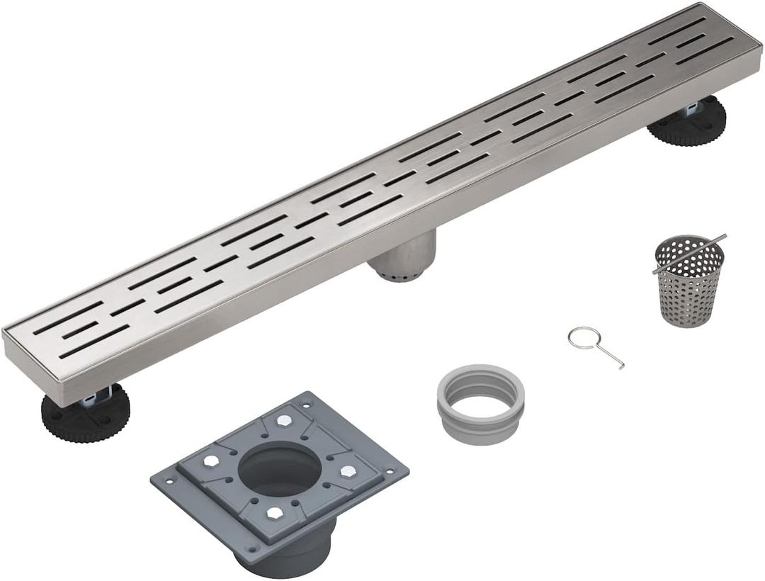 Shower Drain by EMBATHER Linear Shower Drain 18 Inch Floor Drain with Removable Quadrato Pattern Grate CUPC Certified, 304 Stainless Shower Drain Base Hair Strainer and Leveling Feet (Brushed Nickel)