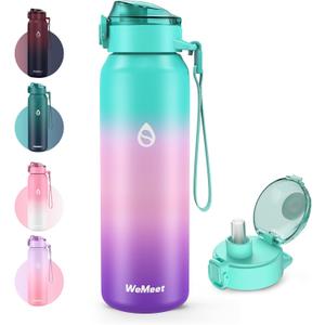 32oz Water Bottle with Removable Straw and Spout Lid Two Ways to Drink, 18/10 Stainless Steel Insulated Water Bottle, BPA-Free, Leak Proof, Double wall, for Sports, Gym (16.9 Ounces, GREEN PINK PURPLE)