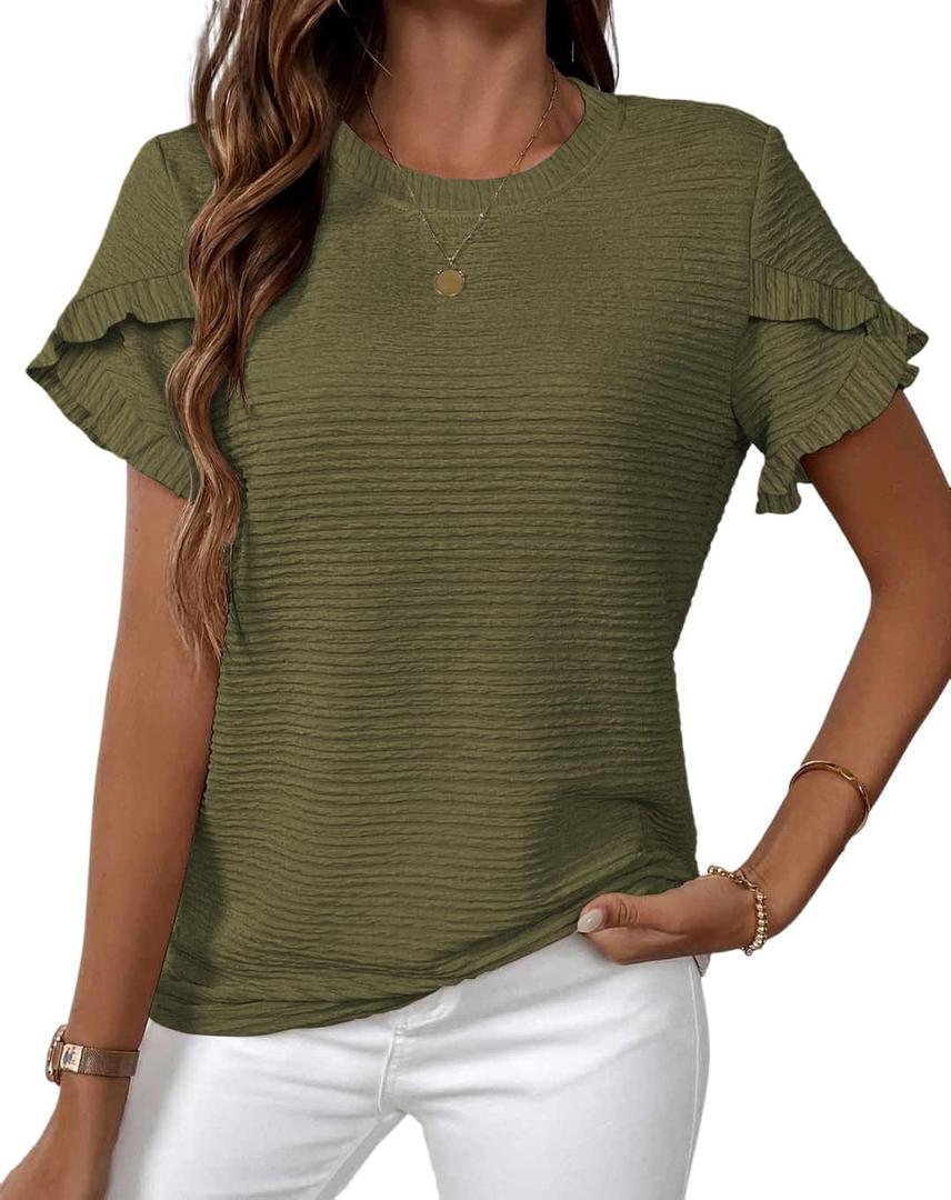 Spring Summer Women's Casual Tops, Cute Ruffle Short & Long Sleeve Crew Neck Blouses, Soft Textured Relaxed Fit Shirts (Green, XXL)