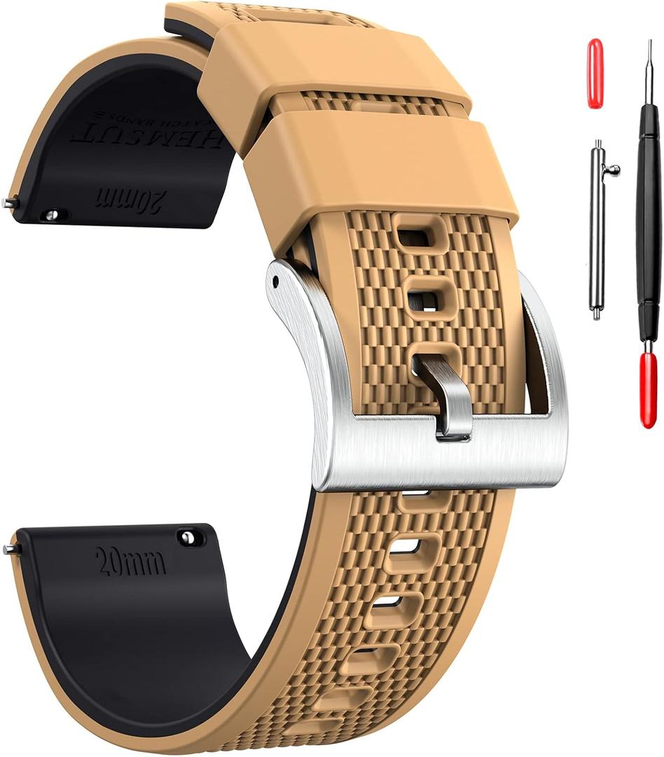 Hemsut Silicone Watch Bands, 18mm 20mm 22mm Quick Release Rubber Watch Strap for Men Women Soft Replacement, 10 Colors for Choose (Khaki/Black/Silver)