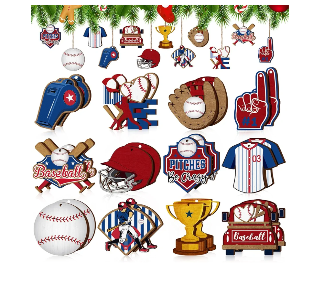 24 Pcs Baseball Ornament Wooden Baseball Tree Decorations DIY Crafts Ball Wood Cutout Ball Sport Party Decorations for Xmas Tree Home Office Bedroom Indoor Decor