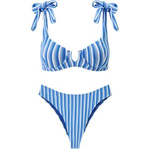 Underwire Bikini Sets for Women Retro Striped Terry Textured Bathing Suit Cute Y2K Bow Tie Shoulder Swim Suits (Blue, L)