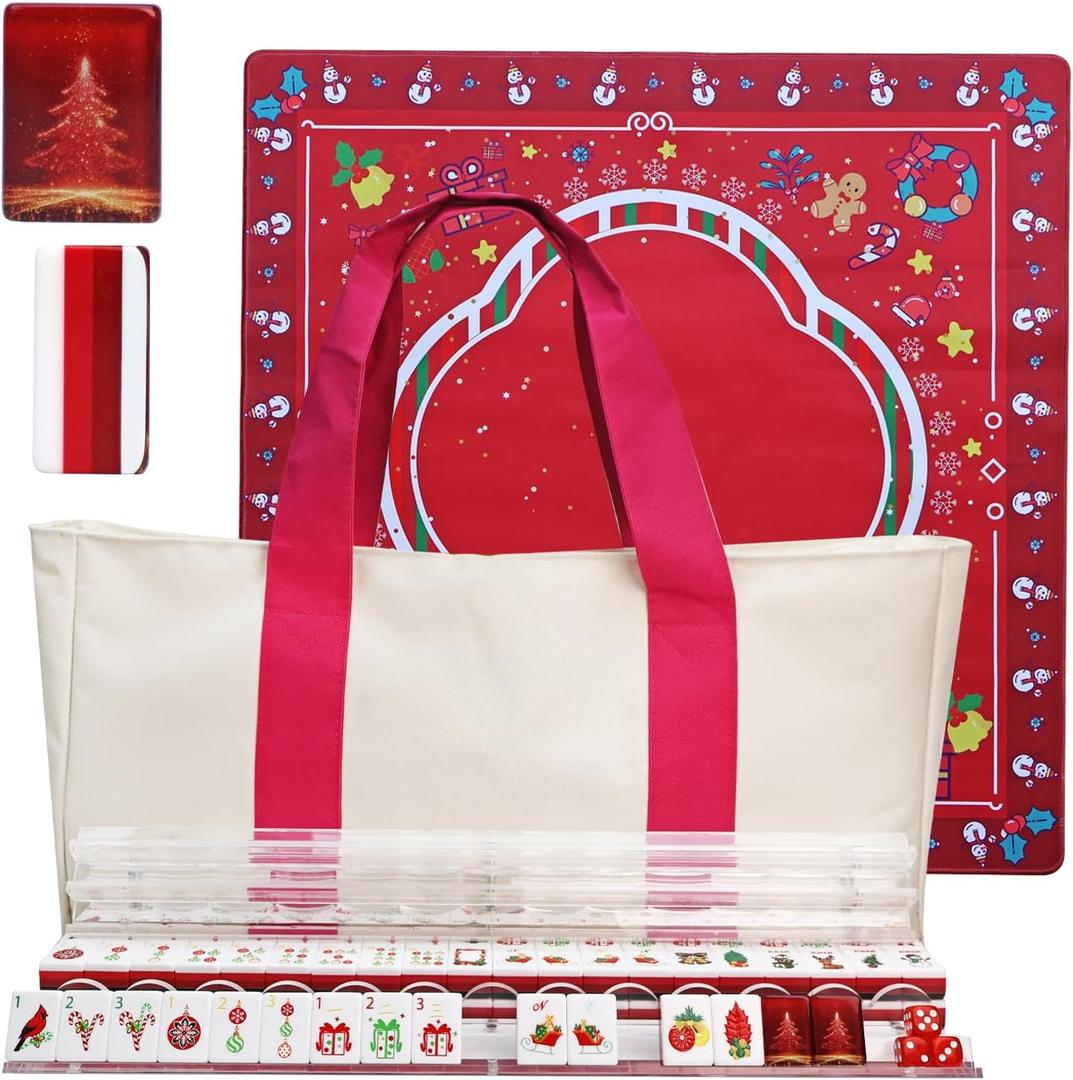 American Christmas Theme Acrylic Mahjong Set with 2 Carrying Bags, 4 Acrylic Racks with Pushers, Silent Mat – Portable Mahjong Set for Adults, Family Holiday Game Night & Travel