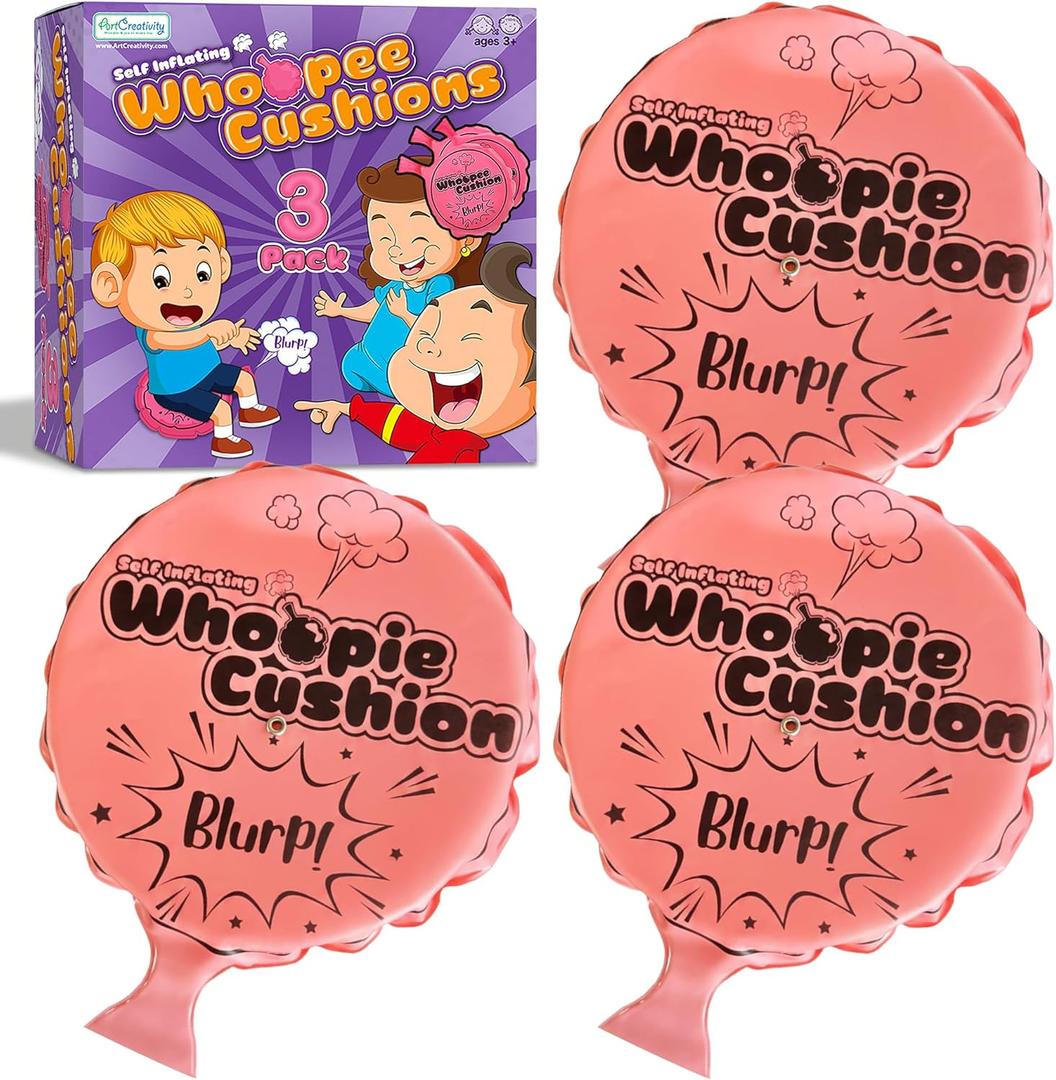 ArtCreativity Self Inflating Whoopie Cushion Set - 3 Pack - 7 Inch Whoopee Cushions for Rib Cracking Fart Sounds - Classic Prank Toys for Boys and Girls - Party Favors and Gag Gifts for Kids
