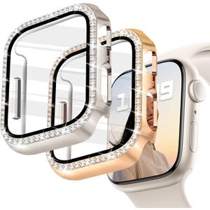 JR.DM 2 Pack Bling Case with HD Screen Protector Compatible with Apple Watch Series 4 5 6 SE 40mm, Women Glitter Diamond Rhinestone Bumper Face Cover for iWatch Accessories 40mm Starlight/Rose Gold