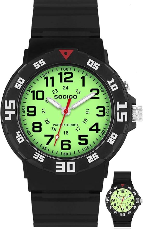 SOCICO Kids Analog Watch with Light for Boys Girls Waterproof Time Teaching Watch with Soft Band Learning Time Wrist Watch Easy to Read for Children Great Gifts