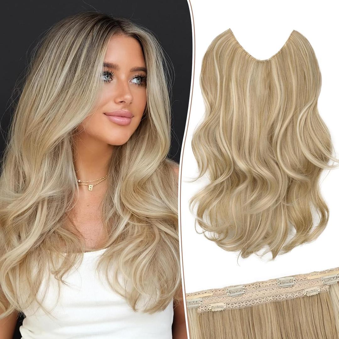 KooKaStyle Invisible Wire Hair Extensions Long Straight Layered Synthetic with Transparent Wire Adjustable Size 6 Secure Clips Hairpieces for Women 16 Inch (16 Inch, H1860A#Beige Blonde)