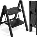 SOLADDER Step Stool, 2 Step Ladder with Anti-Slip and Wide Pedal, Folding Portable Iron Stepladder for Home and Kitchen, 300lbs - Black
