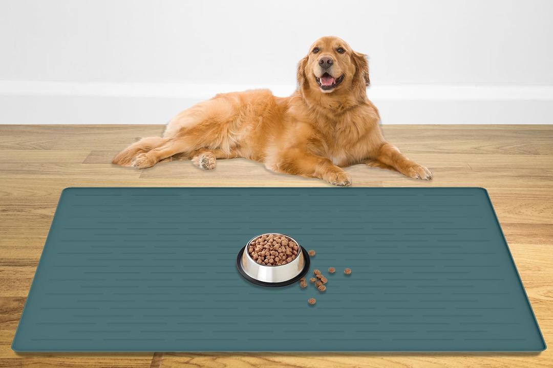 48" x 32" Largest Pet Food Mat, XXXL Silicone Dog Mats for Food and Water, Nonslip Pet Feeding Mats for Floors, Dog Cat Bowl Mat with Raised Edges, Dark Green