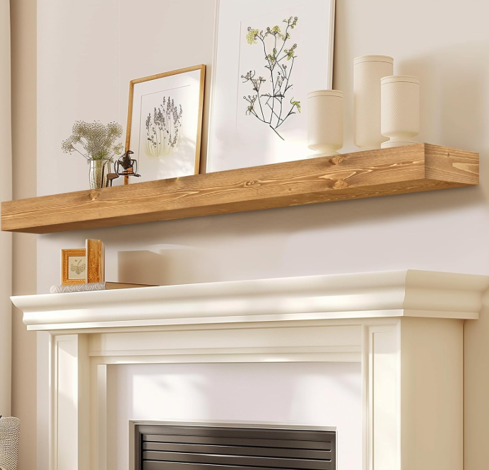 Fireplace Mantel Handmade, 3'' Thick Wall Decor Long Floating Shelf, 72inch Rustic Wood Shelf with Invisible Brackets, Wood Color