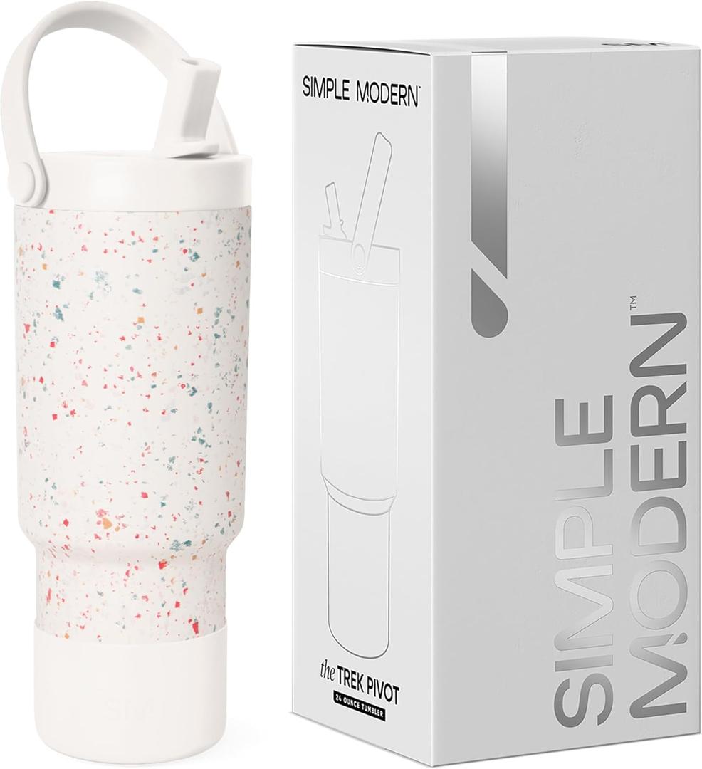 Simple Modern Trek Pivot | 24oz Kids Flip Straw Tumbler with Handle and Silicone Boot | Insulated Water Bottle Stainless Steel Cup | School Travel Jug | Cream Terrazzo