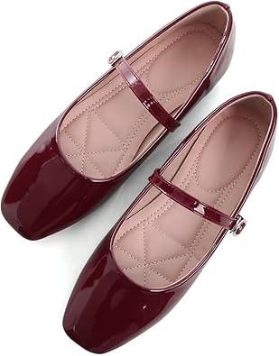 Royal Annas 
Leather Flats for Women Comfortable Square Toe Slip On Flats Soft Work Flats Retro Mary Jane Flats, H Wine Red
 255