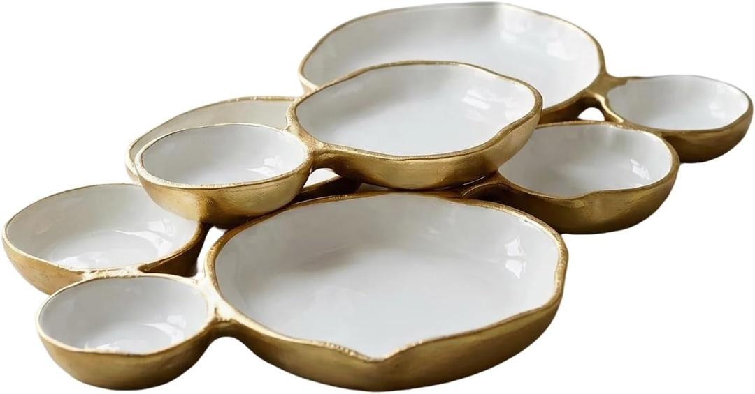 Clustered Serving Bowl, Nine-Grid Design Gold Charcuterie Tray, Elegant Snack Platter, Multipurpose Entertaining Centerpiece for Parties, Appetizers, Nuts, Fruit (White), Large