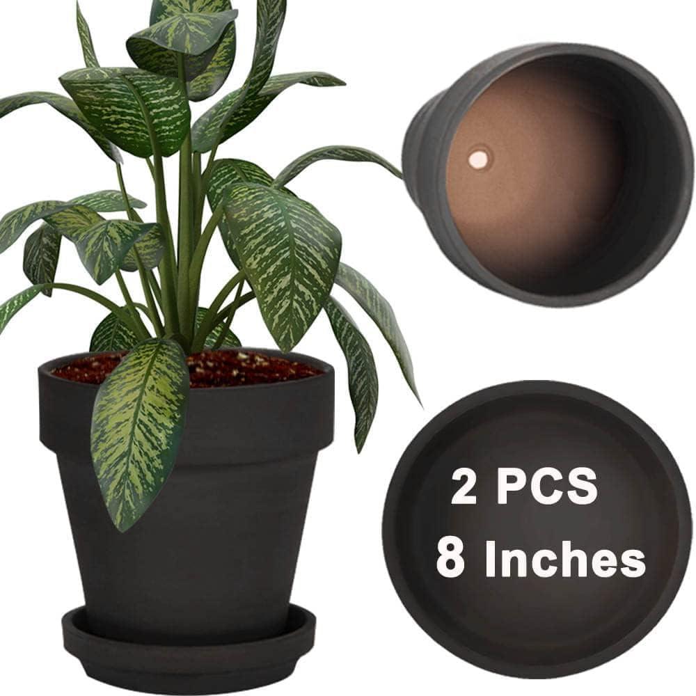 8 Inch Black Terracotta & Clay Pots with Saucer, 2 Pack