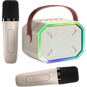 Karaoke Machine for Kids and Adults, Mini Portable Bluetooth Speaker with 2 Wireless Microphones, Led Lights for TV, Kids Gifts for Girls Boys Family Party Birthday (Beige)