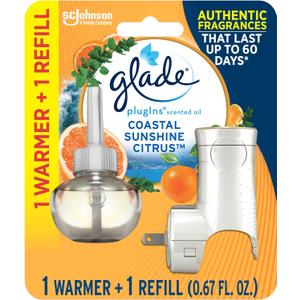 Glade PlugIns Refills Air Freshener Starter Kit, Scented Oil for Home and Bathroom, Coastal Sunshine Citrus, 0.67 Fl Oz, 1 Warmer + 1 Refill
