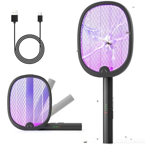 YISSVIC Electric Fly Swatter Foldable Bug Zapper Racket 2 in 1 Mosquito Killer with Purple Attractant Light Rechargeable 1800mAh for Indoor Home Backyard Patio Camping