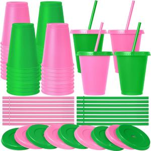 Skylety 16 Pcs Plastic Cups with Lids and Straws 16 oz Plastic Cups Coffee Reusable Tumbler Water Bottle Holiday Party Supplies Gifts for Drinking Coffee Cocoa(Pink,Green)