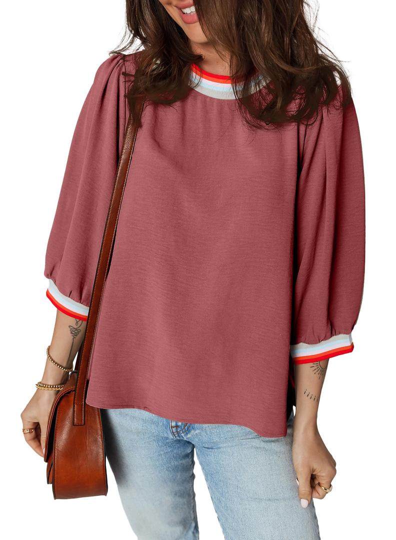 SHEWIN Blouses for Women Dressy Casual Crewneck 3/4 Length Sleeve Womens Tops Casual Office Flowy Cute Tops for Women Trendy Fall Clothes Red Small (S)