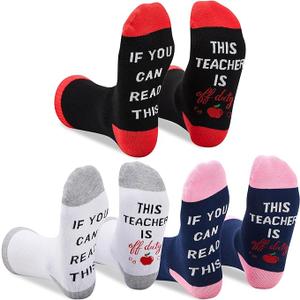 Best Teacher Ever Socks “This Teacher Is Off Duty” Sole Women's One Size 6 - 11 (Pack Of 4 Pairs)