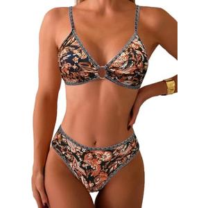 Fanuerg Women's Triangle Bikini Sets O Ring Linked Two Piece Swimsuits Floral Printed Cheeky Bathing Suit, Size XS