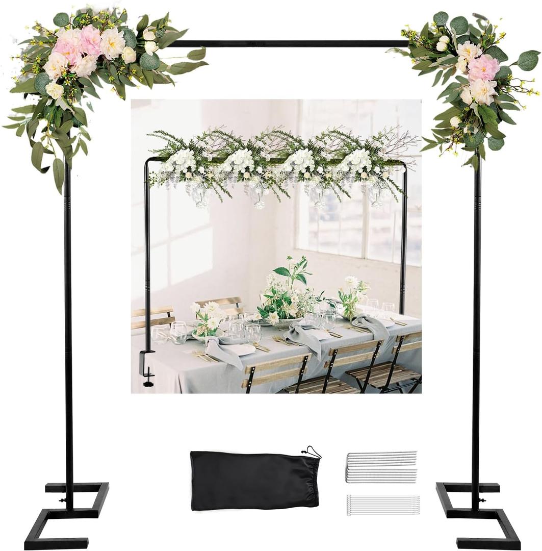 8.2 FT Wedding Arch Rectangle Stand Square Backdrop Stand , Extra Clamps to Table Rod Stand, Adjustable Photo Booth Background Kit, Balloon Arch Stand For Valentines Day Birthday Baby Shower Decor (Matte Black)