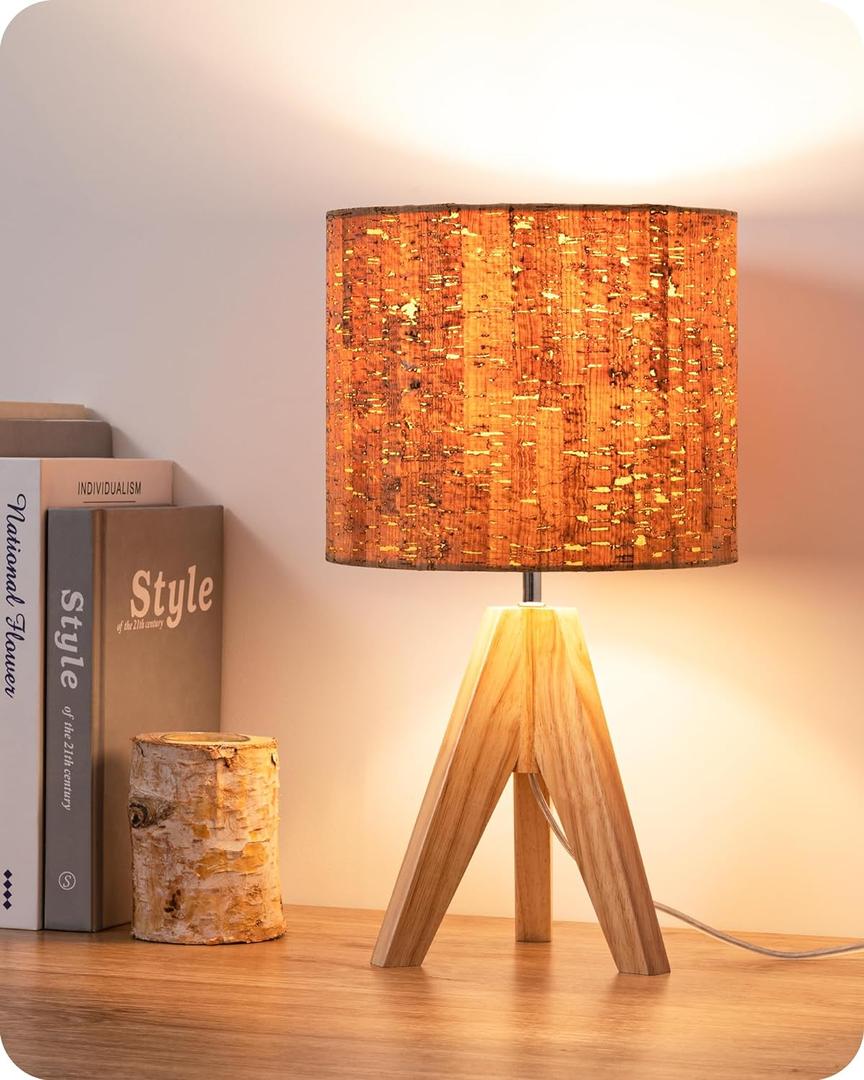 EDISHINE Small Table Lamp, Wooden Tripod Nightstand Lamp with Bark Linen Shade, Farmhouse Bedside Lamp for Nursery, Bedroom, Kids Room, Office, Reading Desk, 14.2 Inch, E26 Socket, ON/Off Switch