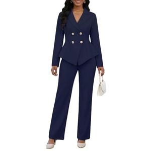 Pant Suits for Women Dressy 2 Piece Double Breasted Peplum Blazer and Wide Leg Pantsuits Business Work Office Outfits Navy Blue, 2XL