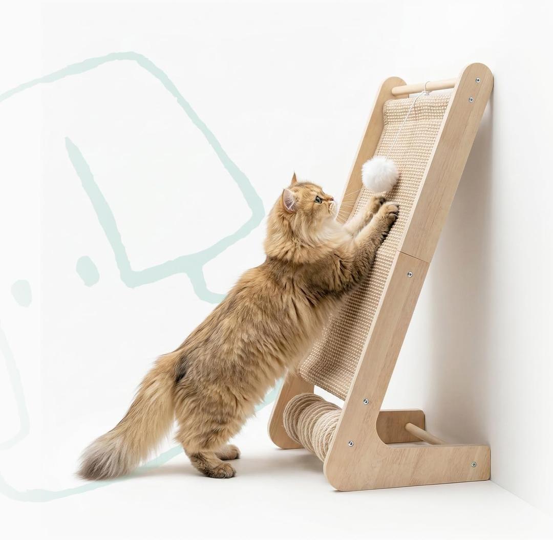 Cat Scratcher for Indoor Cats, L-Shaped Cat Scratching Board & Ramp, Solid Wood Cat Scratch Pad, with Hanging Ball & 3 Bottom Play Balls, Ideal for All Cats (Wood Grain, L)