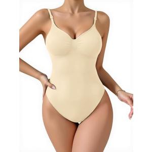JEKAOYI Women's Shapewear Bodysuit, Mid Thigh Tummy Control Butt Lifter Shaper with Adjustable Straps, Khaki Thong, Small-Medium