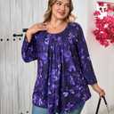 Plus Size Tunic Tops for Women 3/4 Sleeve Tunics Loose Fit Shirt Crew Neck Pleated Solid Casual Dressy Blouses (Purple, XXL)