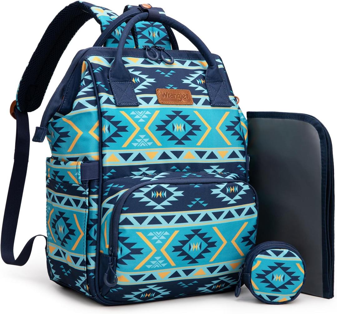 Montana West Wrangler Diaper Bag Backpack Aztec Travel Backpack Purses Western Multi-Function Baby Bags for Mom with Waterproof Insulated Pockets (Navy)