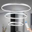 D31.5 3 Rings Modern LED Chandelier Silver Dimmable LED Pendant Light with Remote Control Circular Flush Mount High Ceiling Light for Dining Room Living Room Bedroom Foyer(3000K-6500K, H71)