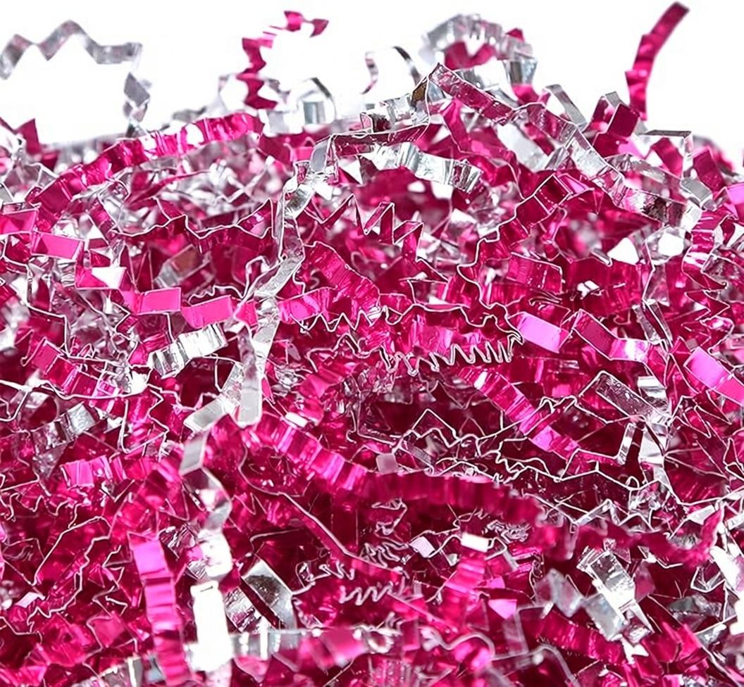 PAPER FAIR 1 LB Metallic Pink and Silver Duo Crinkle Cut Paper, Easter Grass Raffia Tissue Paper Filler Shred Strand Craft Bedding Cushion, Christmas, Birthday, Valentines Day for Gift Basket Boxes