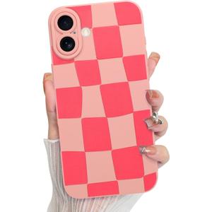 KANGHAR Compatible with iPhone 16 Case, Silicone Checkered Cute Pattern, Camera Protection Soft Slim Phone Case for Girls Women -Pink