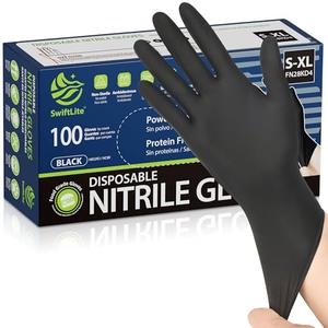 SWIFTLITE Black Nitrile Gloves, Food Safe Disposable Gloves Latex Free, Rubber Gloves Powder Free for Cooking, Kitchen Cleaning (100, Medium)