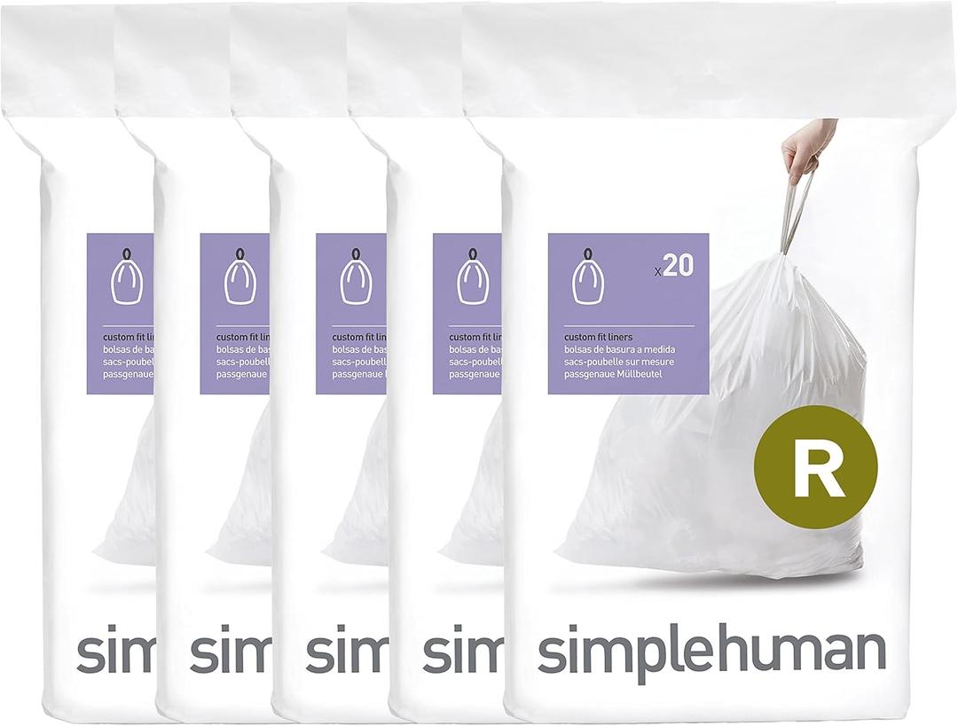 simplehuman Code R 100 Count Custom Fit Liners, Drawstring Kitchen Trash Bags, One-by-One Mess-Free Dispense, Extra Thick & Double Seamed, 50% PCR Plastic, 9-10 Liter / 2.6 Gallon, White